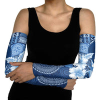 Hawaii Tapa Pattern With Navy Hibiscus Arm Sleeves - Polynesian Pride