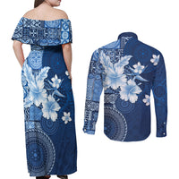 Hawaii Tapa Pattern With Navy Hibiscus Couples Matching Off Shoulder Maxi Dress and Long Sleeve Button Shirt