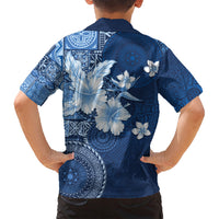 Hawaii Tapa Pattern With Navy Hibiscus Family Matching Off Shoulder Short Dress and Hawaiian Shirt LT05 - Polynesian Pride