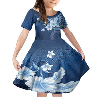 Hawaii Tapa Pattern With Navy Hibiscus Family Matching Off Shoulder Short Dress and Hawaiian Shirt LT05 Daughter's Dress Navy - Polynesian Pride