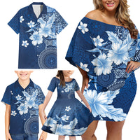 Hawaii Tapa Pattern With Navy Hibiscus Family Matching Off Shoulder Short Dress and Hawaiian Shirt LT05 - Polynesian Pride