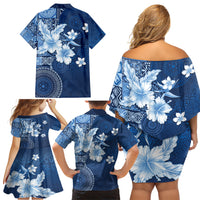 Hawaii Tapa Pattern With Navy Hibiscus Family Matching Off Shoulder Short Dress and Hawaiian Shirt LT05 - Polynesian Pride