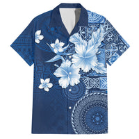 Hawaii Tapa Pattern With Navy Hibiscus Family Matching Off Shoulder Short Dress and Hawaiian Shirt LT05 Dad's Shirt - Short Sleeve Navy - Polynesian Pride