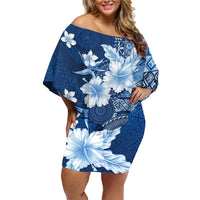 Hawaii Tapa Pattern With Navy Hibiscus Family Matching Off Shoulder Short Dress and Hawaiian Shirt LT05 Mom's Dress Navy - Polynesian Pride