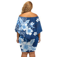 Hawaii Tapa Pattern With Navy Hibiscus Family Matching Off Shoulder Short Dress and Hawaiian Shirt LT05 - Polynesian Pride