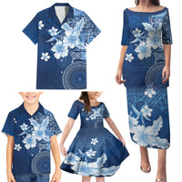 Hawaii Tapa Pattern With Navy Hibiscus Family Matching Puletasi and Hawaiian Shirt LT05 - Polynesian Pride