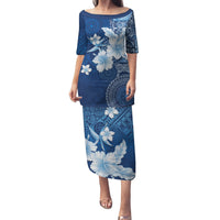 Hawaii Tapa Pattern With Navy Hibiscus Family Matching Puletasi and Hawaiian Shirt LT05 Mom's Dress Navy - Polynesian Pride