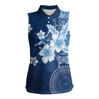 Hawaii Tapa Pattern With Navy Hibiscus Women Sleeveless Polo Shirt LT05 Female Navy - Polynesian Pride
