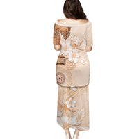 Hawaii Tapa Pattern With Brown Hibiscus Family Matching Puletasi and Hawaiian Shirt