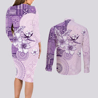 Hawaii Tapa Pattern With Violet Hibiscus Couples Matching Long Sleeve Bodycon Dress and Long Sleeve Button Shirt
