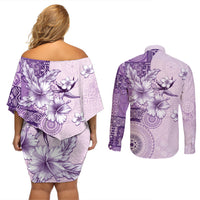 Hawaii Tapa Pattern With Violet Hibiscus Couples Matching Off Shoulder Short Dress and Long Sleeve Button Shirt