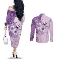 Hawaii Tapa Pattern With Violet Hibiscus Couples Matching Off The Shoulder Long Sleeve Dress and Long Sleeve Button Shirt