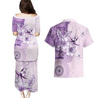 Hawaii Tapa Pattern With Violet Hibiscus Couples Matching Puletasi and Hawaiian Shirt