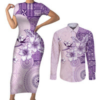 Hawaii Tapa Pattern With Violet Hibiscus Couples Matching Short Sleeve Bodycon Dress and Long Sleeve Button Shirt