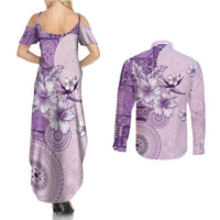 Hawaii Tapa Pattern With Violet Hibiscus Couples Matching Summer Maxi Dress and Long Sleeve Button Shirt