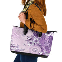 Hawaii Tapa Pattern With Violet Hibiscus Leather Tote Bag