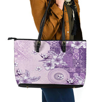 Hawaii Tapa Pattern With Violet Hibiscus Leather Tote Bag