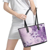 Hawaii Tapa Pattern With Violet Hibiscus Leather Tote Bag