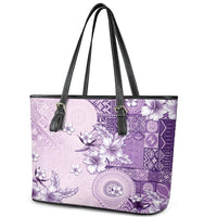 Hawaii Tapa Pattern With Violet Hibiscus Leather Tote Bag