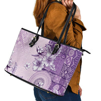 Hawaii Tapa Pattern With Violet Hibiscus Leather Tote Bag