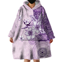 Hawaii Tapa Pattern With Violet Hibiscus Wearable Blanket Hoodie