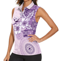 Hawaii Tapa Pattern With Violet Hibiscus Women Sleeveless Polo Shirt LT05 - Polynesian Pride