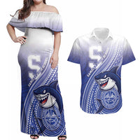 Personalized Samoana High School Couples Matching Off Shoulder Maxi Dress and Hawaiian Shirt Polynesian Tribal Shark