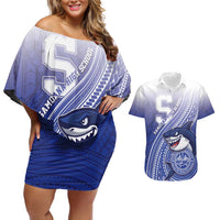 Personalized Samoana High School Couples Matching Off Shoulder Short Dress and Hawaiian Shirt Polynesian Tribal Shark
