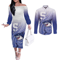 Personalized Samoana High School Couples Matching Off The Shoulder Long Sleeve Dress and Long Sleeve Button Shirt Polynesian Tribal Shark
