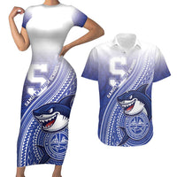 Personalized Samoana High School Couples Matching Short Sleeve Bodycon Dress and Hawaiian Shirt Polynesian Tribal Shark LT05 Blue - Polynesian Pride