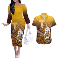 Personalized Tafuna High School Couples Matching Off The Shoulder Long Sleeve Dress and Hawaiian Shirt Polynesian Warrior LT05 Maroon - Polynesian Pride