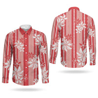 Hawaii Kakau Tribal Couples Matching Long Sleeve Bodycon Dress and Long Sleeve Button Shirt With Red Tiare LT05 - Polynesian Pride