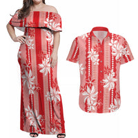 Hawaii Kakau Tribal Couples Matching Off Shoulder Maxi Dress and Hawaiian Shirt With Red Tiare LT05 Red - Polynesian Pride