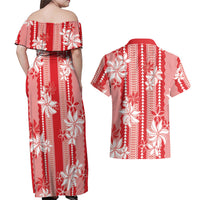 Hawaii Kakau Tribal Couples Matching Off Shoulder Maxi Dress and Hawaiian Shirt With Red Tiare LT05 - Polynesian Pride