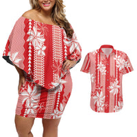 Hawaii Kakau Tribal Couples Matching Off Shoulder Short Dress and Hawaiian Shirt With Red Tiare LT05 Red - Polynesian Pride