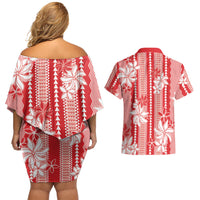 Hawaii Kakau Tribal Couples Matching Off Shoulder Short Dress and Hawaiian Shirt With Red Tiare LT05 - Polynesian Pride