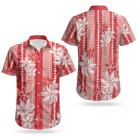 Hawaii Kakau Tribal Couples Matching Off Shoulder Short Dress and Hawaiian Shirt With Red Tiare LT05 - Polynesian Pride