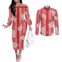 Hawaii Kakau Tribal Couples Matching Off The Shoulder Long Sleeve Dress and Long Sleeve Button Shirt With Red Tiare LT05 Red - Polynesian Pride