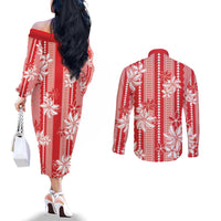 Hawaii Kakau Tribal Couples Matching Off The Shoulder Long Sleeve Dress and Long Sleeve Button Shirt With Red Tiare LT05 - Polynesian Pride