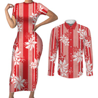 Hawaii Kakau Tribal Couples Matching Short Sleeve Bodycon Dress and Long Sleeve Button Shirt With Red Tiare LT05 Red - Polynesian Pride