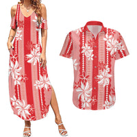 Hawaii Kakau Tribal Couples Matching Summer Maxi Dress and Hawaiian Shirt With Red Tiare LT05 Red - Polynesian Pride