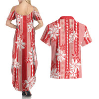 Hawaii Kakau Tribal Couples Matching Summer Maxi Dress and Hawaiian Shirt With Red Tiare LT05 - Polynesian Pride
