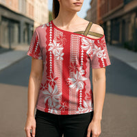 Hawaii Kakau Tribal Cross Shoulder Shirt With Red Tiare