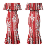 Hawaii Kakau Tribal Family Matching Mermaid Dress and Hawaiian Shirt With Red Tiare LT05 Mom's Dress Red - Polynesian Pride