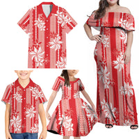 Hawaii Kakau Tribal Family Matching Off Shoulder Maxi Dress and Hawaiian Shirt With Red Tiare LT05 - Polynesian Pride
