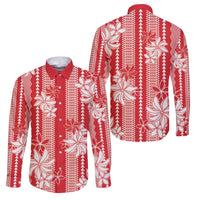 Hawaii Kakau Tribal Family Matching Off Shoulder Maxi Dress and Hawaiian Shirt With Red Tiare LT05 Dad's Shirt - Long Sleeve Red - Polynesian Pride