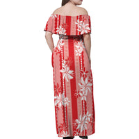 Hawaii Kakau Tribal Family Matching Off Shoulder Maxi Dress and Hawaiian Shirt With Red Tiare