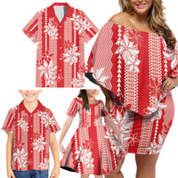 Hawaii Kakau Tribal Family Matching Off Shoulder Short Dress and Hawaiian Shirt With Red Tiare LT05 - Polynesian Pride