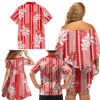 Hawaii Kakau Tribal Family Matching Off Shoulder Short Dress and Hawaiian Shirt With Red Tiare LT05 Mom's Dress Red - Polynesian Pride