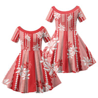 Hawaii Kakau Tribal Family Matching Off Shoulder Short Dress and Hawaiian Shirt With Red Tiare LT05 Daughter's Dress Red - Polynesian Pride